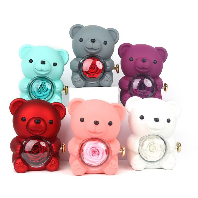 Teddy Bear Gifts Box with Necklace Rotate Rose Jewelry Box Valentine Wedding Storage Gift Case for Women Girlfriend Mother Mom