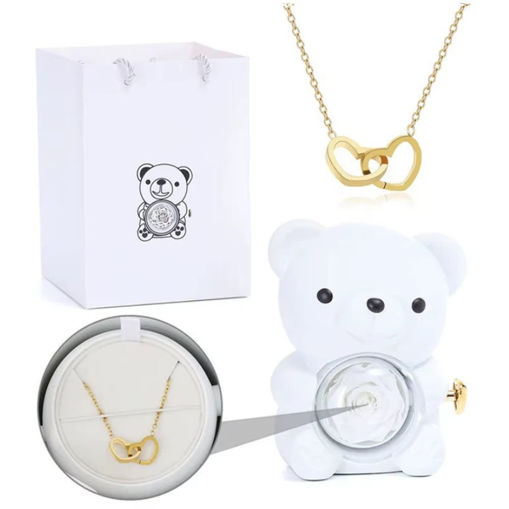 Teddy Bear Gifts Box with Necklace Rotate Rose Jewelry Box Valentine Wedding Storage Gift Case for Women Girlfriend Mother Mom