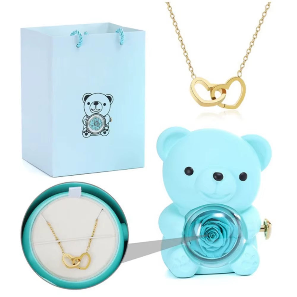 Teddy Bear Gifts Box with Necklace Rotate Rose Jewelry Box Valentine Wedding Storage Gift Case for Women Girlfriend Mother Mom