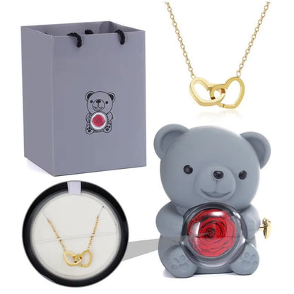 Teddy Bear Gifts Box with Necklace Rotate Rose Jewelry Box Valentine Wedding Storage Gift Case for Women Girlfriend Mother Mom